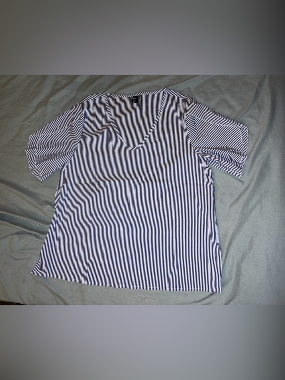 Navy and White Vertical Stripe V-Neck Short Sleeve Blouse